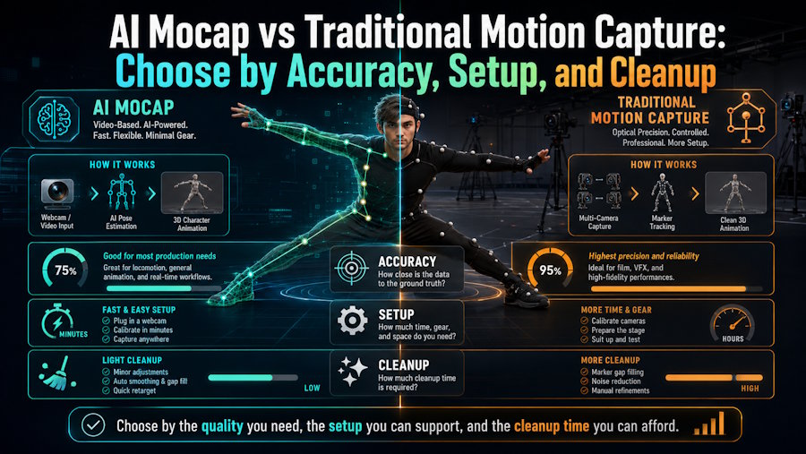 AI Mocap vs Traditional Motion Capture: Choose by Accuracy, Setup, and Cleanup