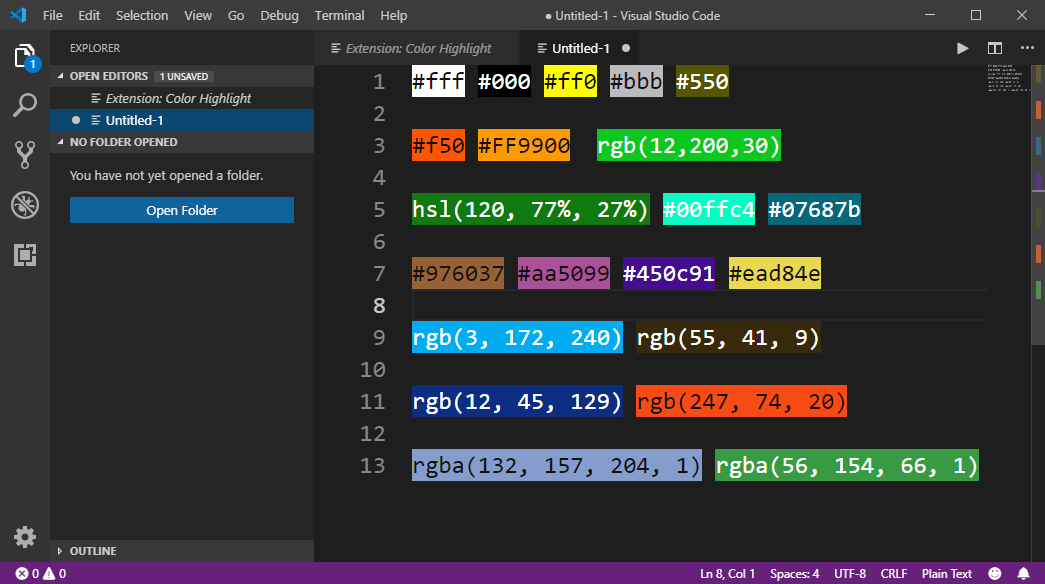 Tô sáng màu là một tính năng quan trọng của Visual Studio Code, giúp cho việc lập trình và chỉnh sửa code dễ dàng hơn. Hãy xem hình ảnh để biết chi tiết về các màu tô sáng RGB, HEX, HSL, RGBA và làm thế nào để tự tùy chỉnh cho màu sắc phù hợp với nhu cầu của bạn.