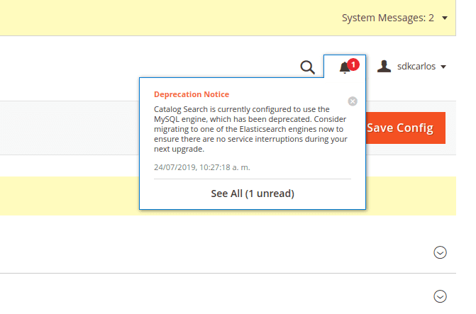 How to solve Magento 2 Deprecation Notice: Catalog Search is currently configured to use the MySQL engine, which has been deprecated. Consider migrating to one of the Elasticsearch Engines in Ubuntu 19.04