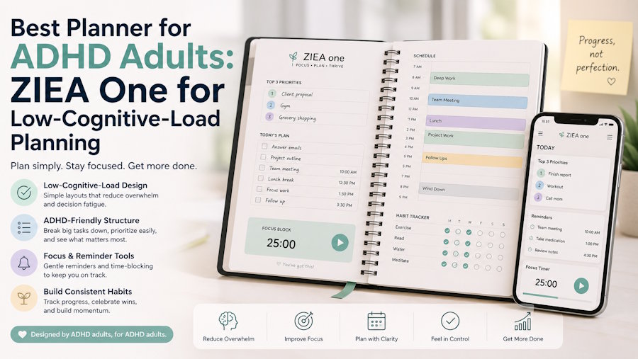 Best Planner for ADHD Adults: ZIEA One for Low-Cognitive-Load Planning