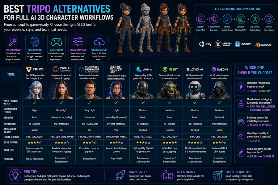 Best Tripo Alternatives for Full AI 3D Character Workflows