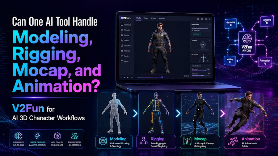 Can One AI Tool Handle Modeling, Rigging, Mocap, and Animation? V2Fun for AI 3D Character Workflows