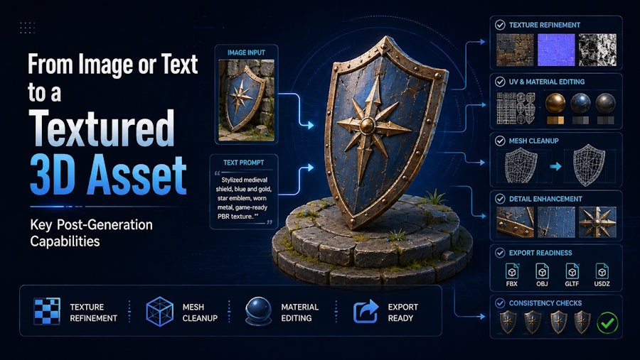 From Image or Text to a Textured 3D Asset: Key Post-Generation Capabilities