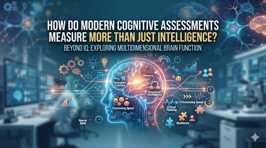 How do modern cognitive assessments measure more than just intelligence?