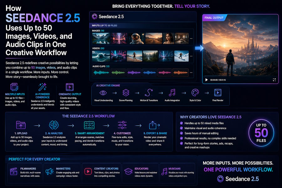 How Seedance 2.5 Uses Up to 50 Images, Videos, and Audio Clips in One Creative Workflow