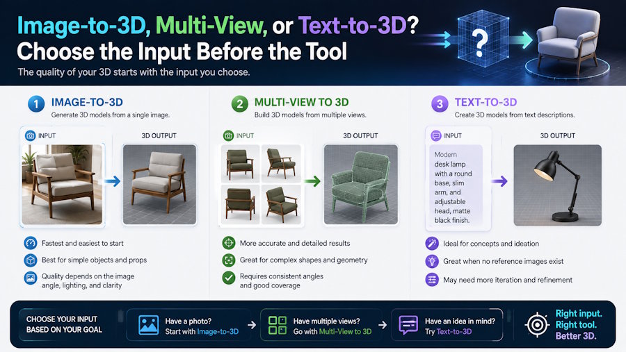 Image-to-3D, Multi-View, or Text-to-3D? Choose the Input Before the Tool
