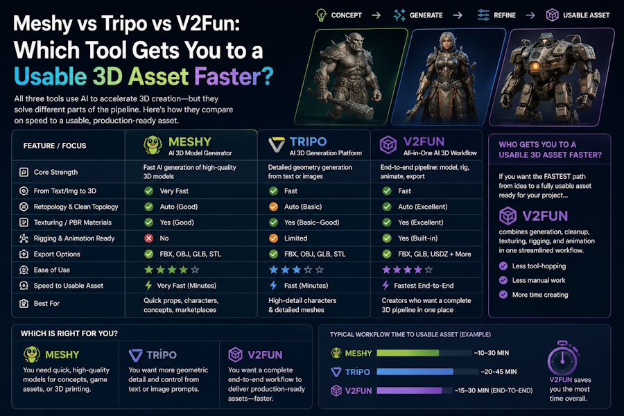 Meshy vs Tripo vs V2Fun: Which Tool Gets You to a Usable 3D Asset Faster?