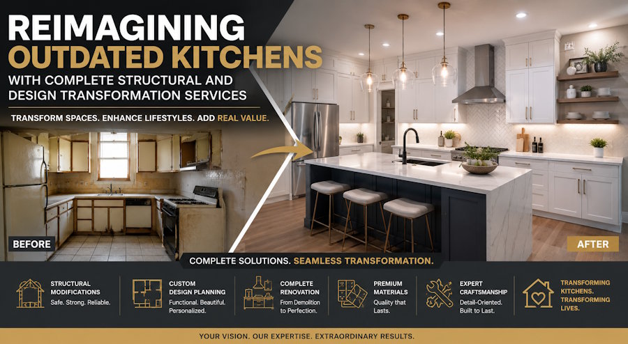 Reimagining outdated kitchens with complete structural and design transformation services