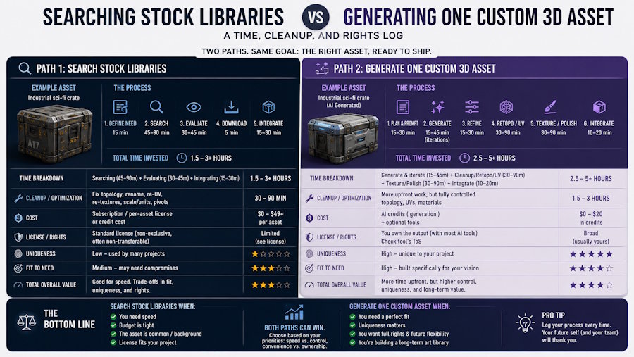 Searching Stock Libraries vs Generating One Custom 3D Asset: A Time, Cleanup, and Rights Log