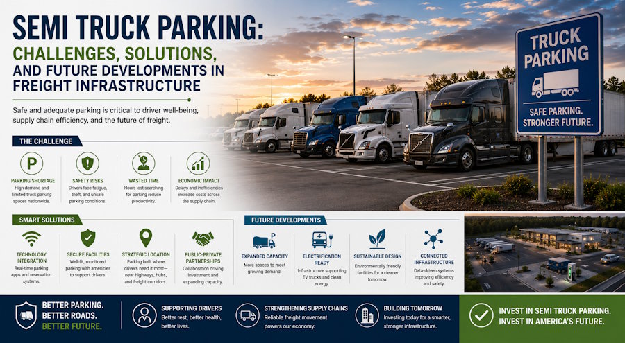 Semi Truck Parking: Challenges, Solutions, and Future Developments in Freight Infrastructure