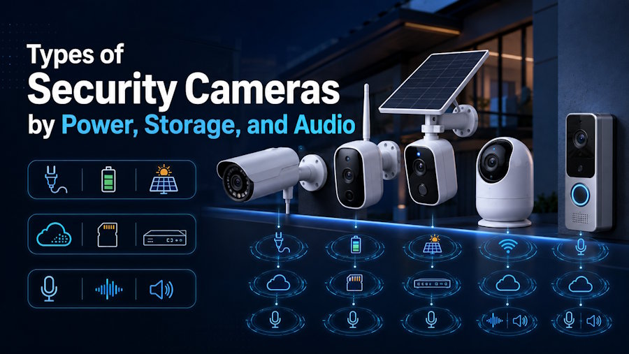 Types of Security Cameras by Power, Storage, and Audio