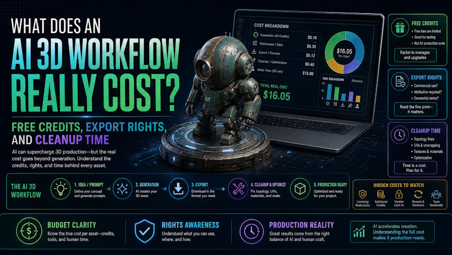 What Does an AI 3D Workflow Really Cost? Free Credits, Export Rights, and Cleanup Time