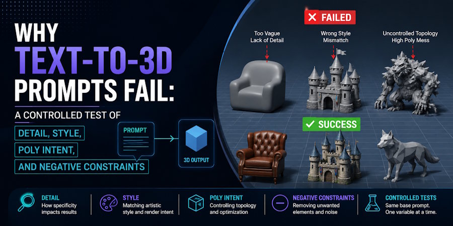 Why Text-to-3D Prompts Fail: A Controlled Test of Detail, Style, Poly Intent, and Negative Constraints