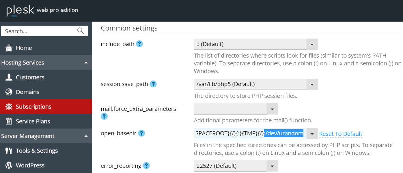Plesk manager open_basedir path