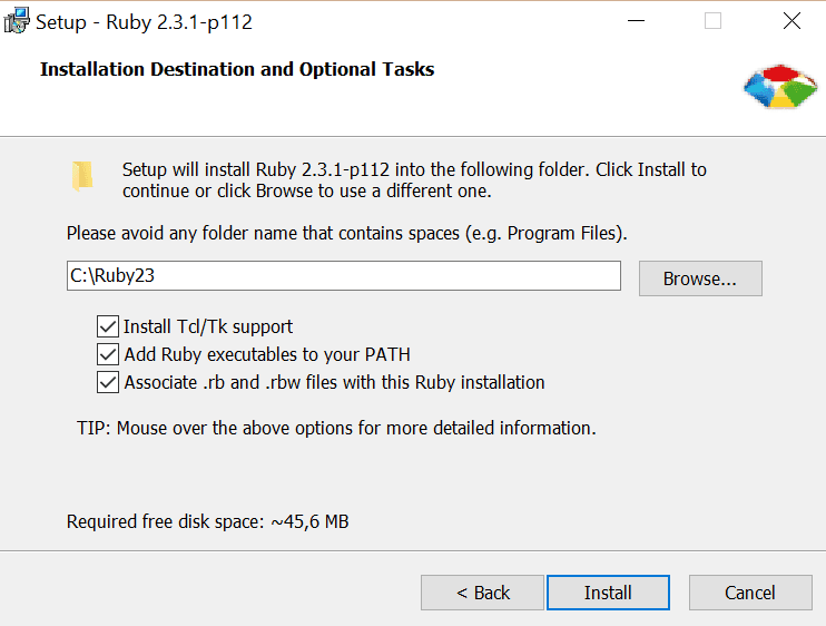 Ruby installation path and optional tasks