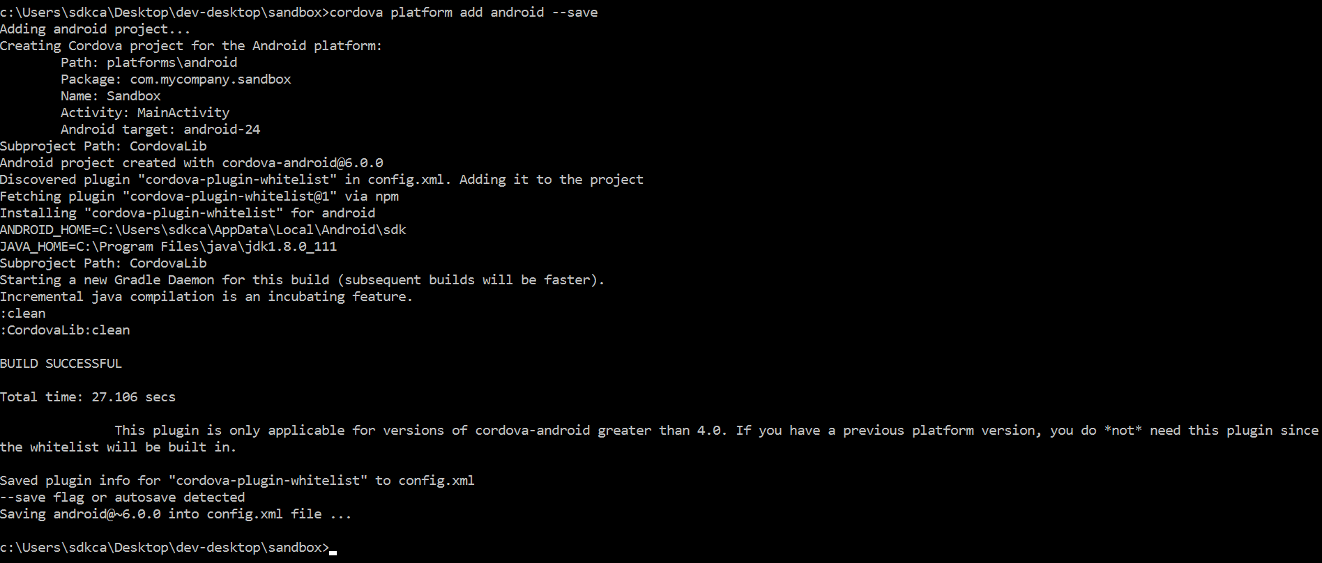 Android Cordova Platform Add example