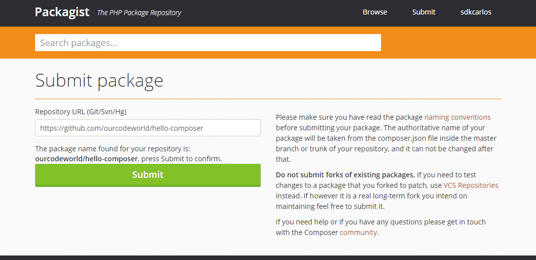 Register package packagist