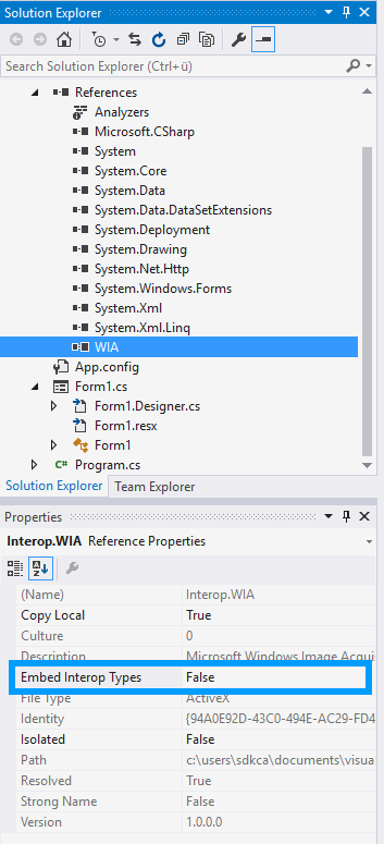Embed Interop Types WIA C#