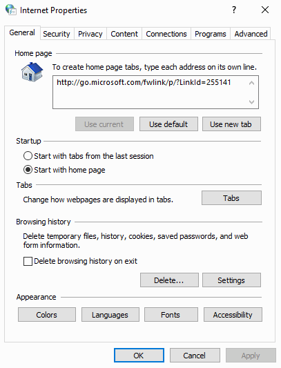 Internet Options Window