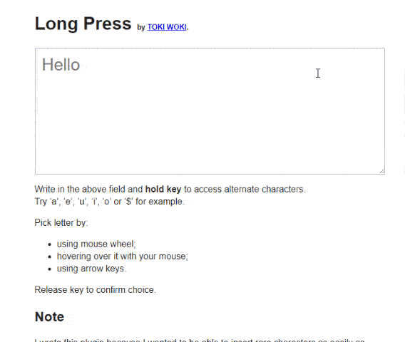 jQuery Long Press (Character Selector on the browser)