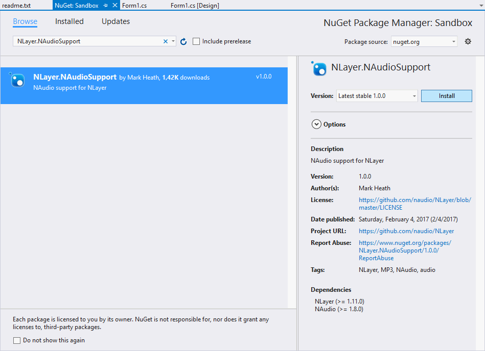 NLayer Mp3FileReader Installing with NuGet Package