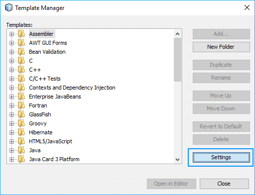 NetBeans Template Manager Settings