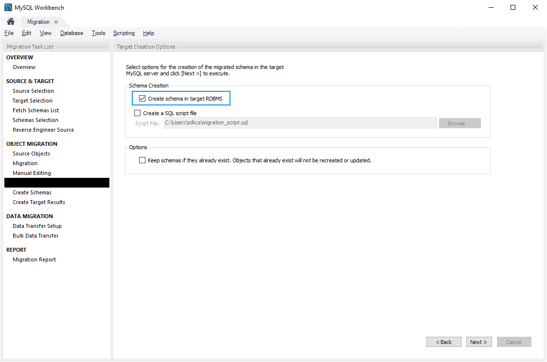 Create schema in target RDBMS MySQL Workbench
