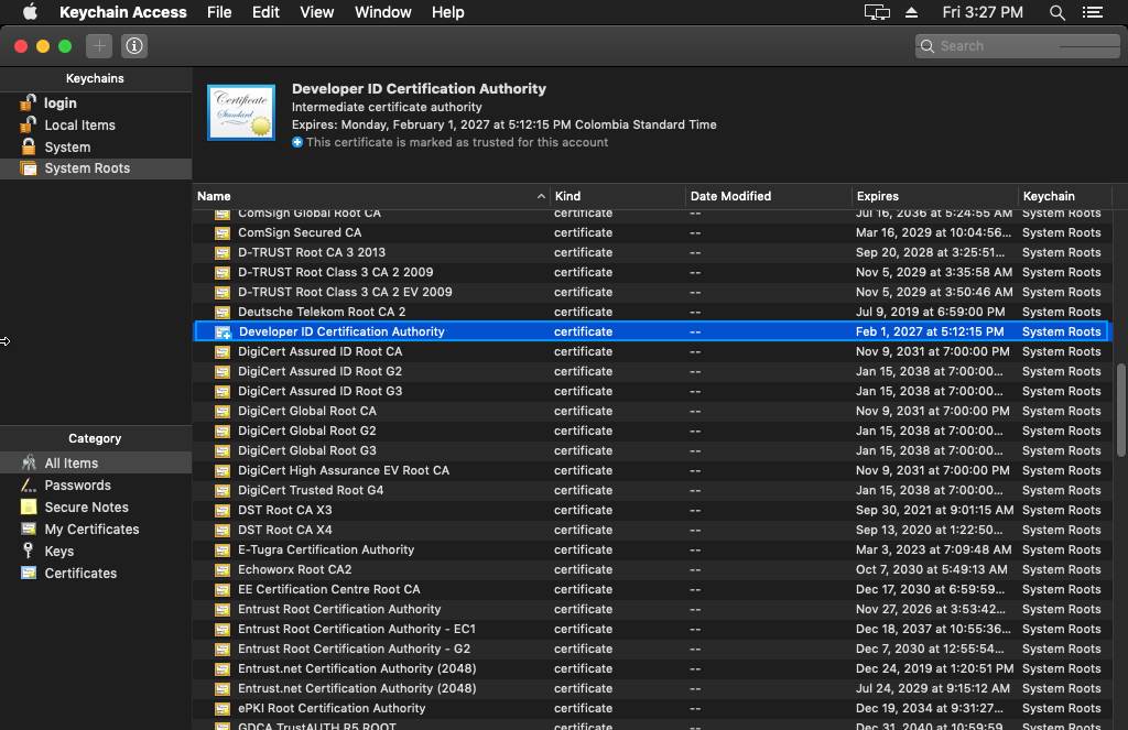 MacOS Mojave Certificates Keychain