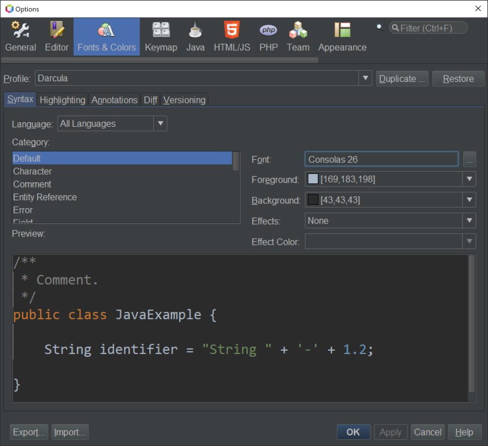 Font Size and Colors Apache NetBeans