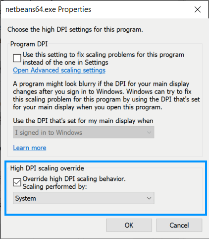 Override HDPI Scaling behaviour Windows