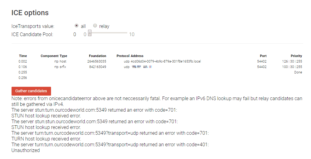 Result Testing WebRTC Trickle ICE Servers