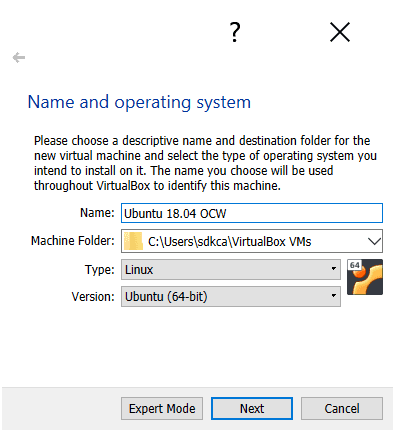 Name and operating system Virtual Box