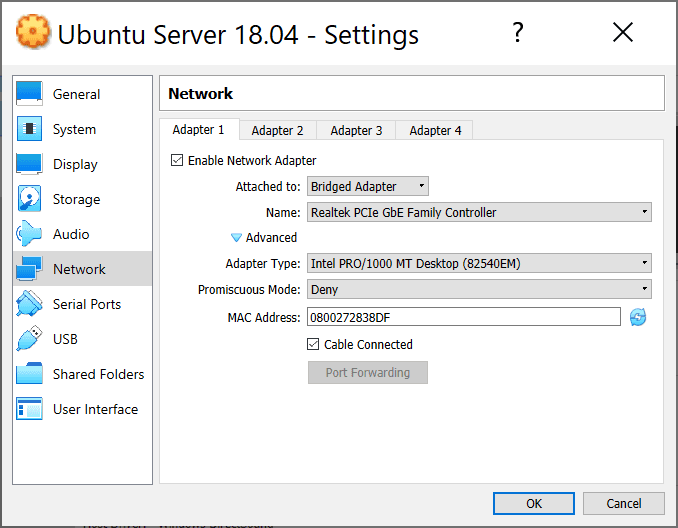 VirtualBox configure network adapter
