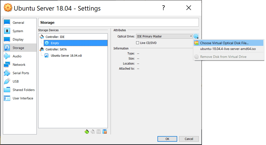 Select Boot disc VirtualBox