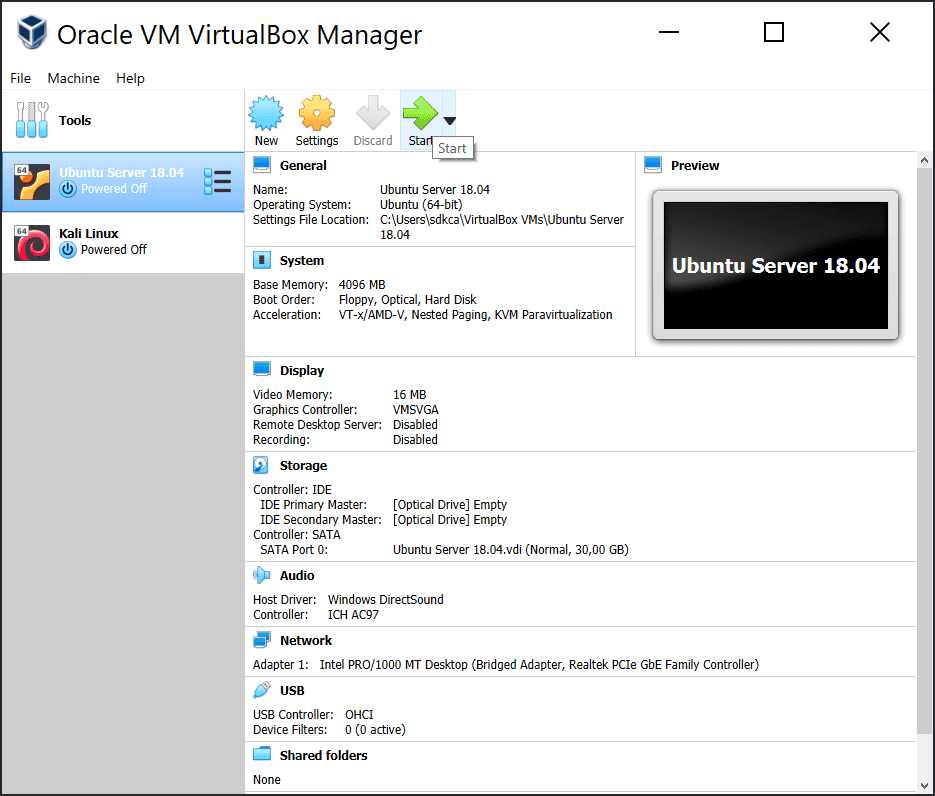 Virtual Machine Start VirtualBox