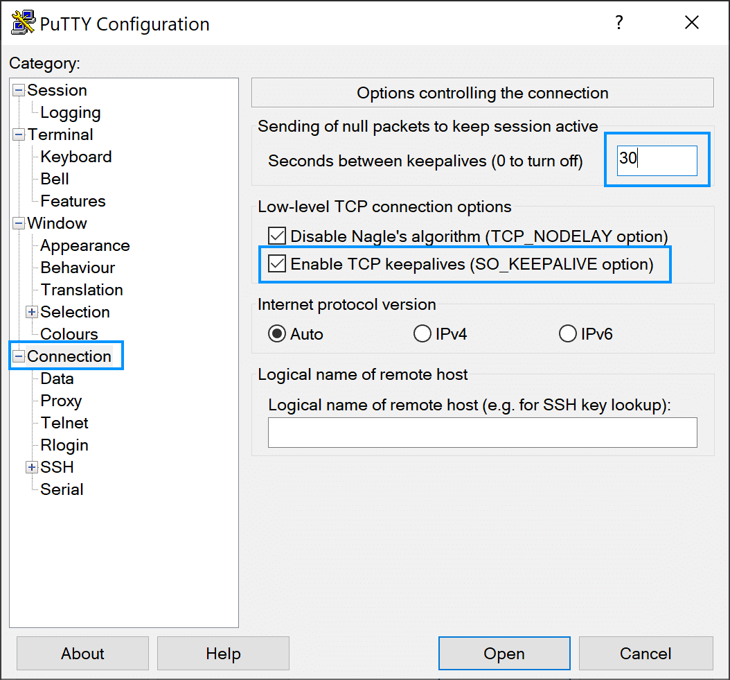 KeepAlive SSH Connection PuTTY