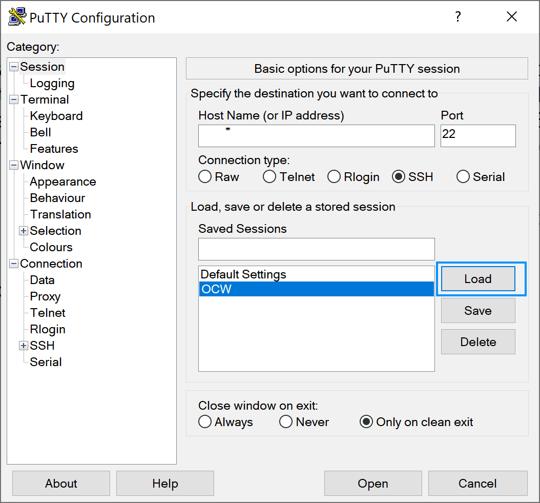 PuTTY Load Session Connection