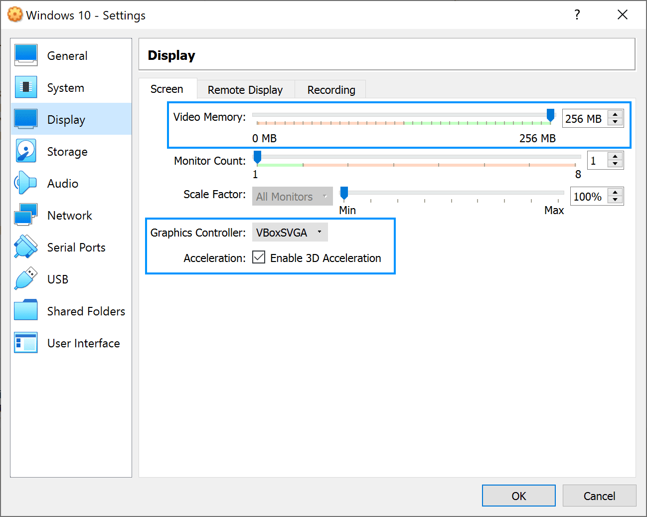 how much memory to run windows 10 virtualbox
