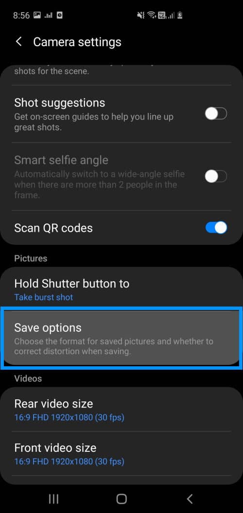 Camera Settings Save Options