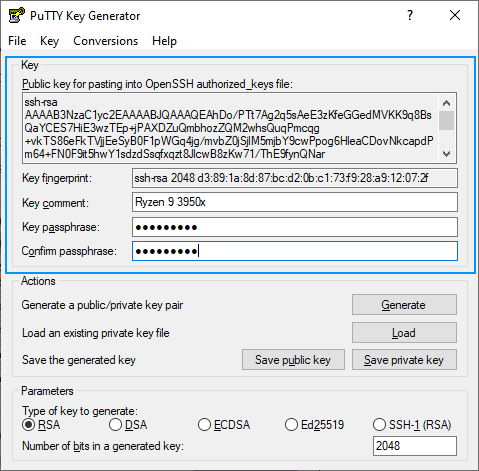 SSH Key fill password and comment