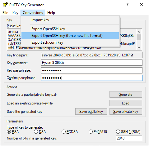 Puttygen Export OpenSSH Key
