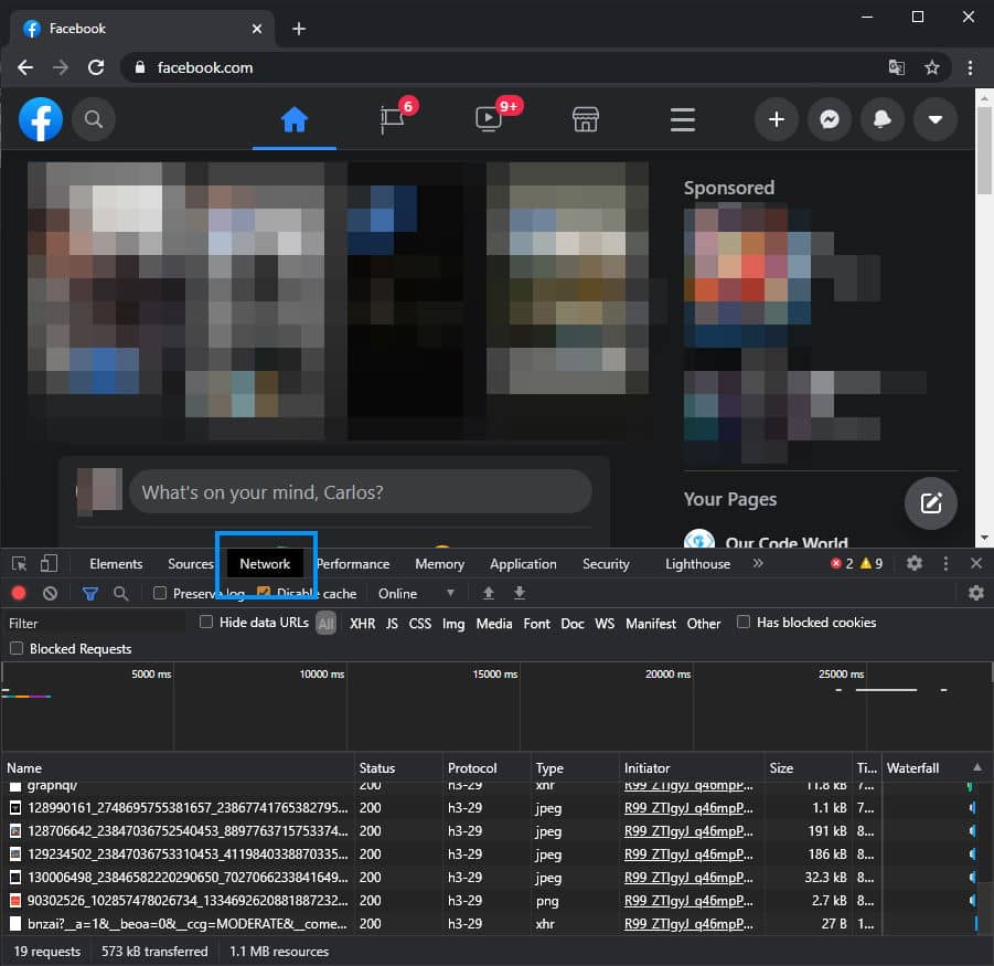 Chrome Developer Tools on Facebook