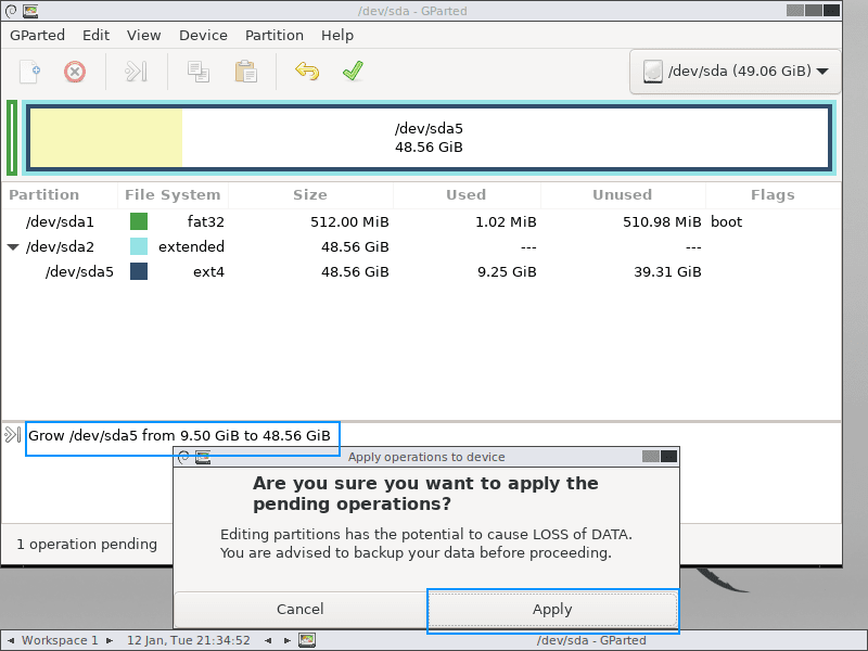 Apply Operations and Resize Partition