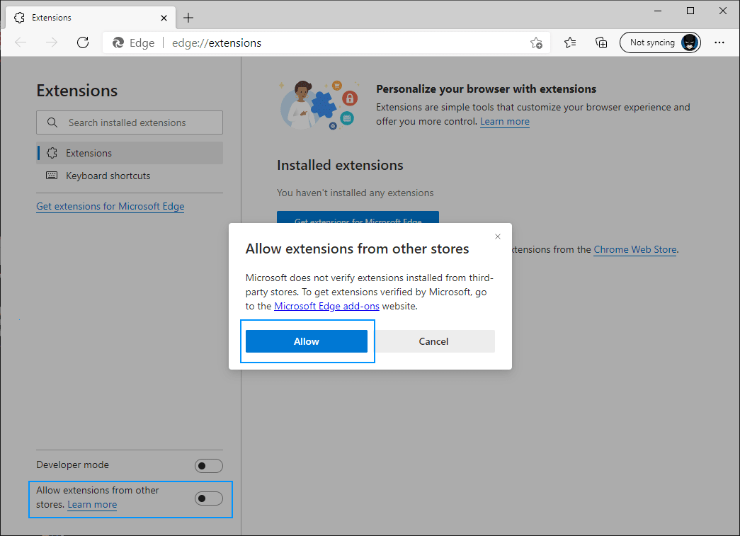 Edge Browser Allow Extensions From Other Stores