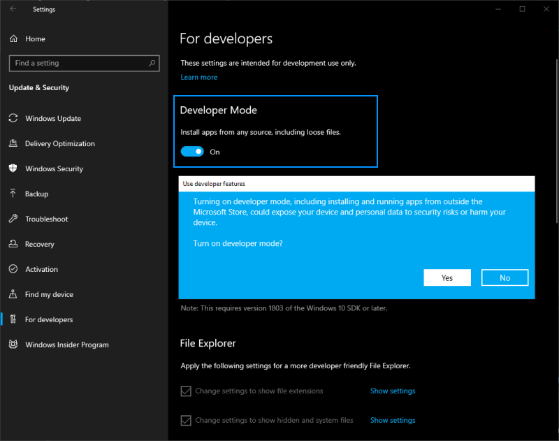 Enable Developer Mode Windows 10