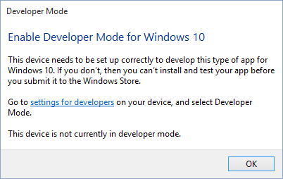 Enable Developer Mode Dialog Visual Studio