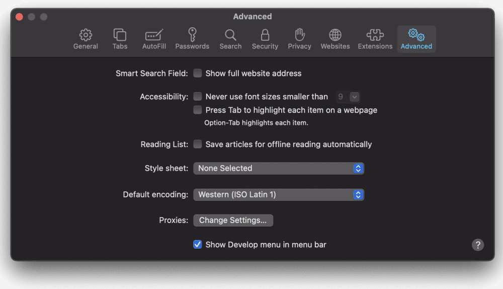 Show Develop Menu Safari