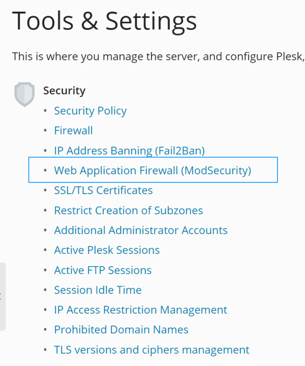 Tools and settings Plesk Application Firewall