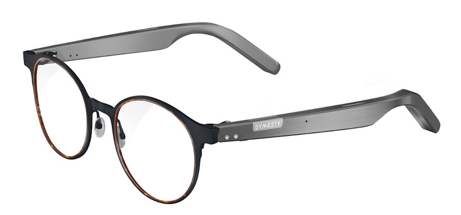 Three-quarter view of black Dymesty Jobs Circle camera-free titanium AI glasses with round clear lenses