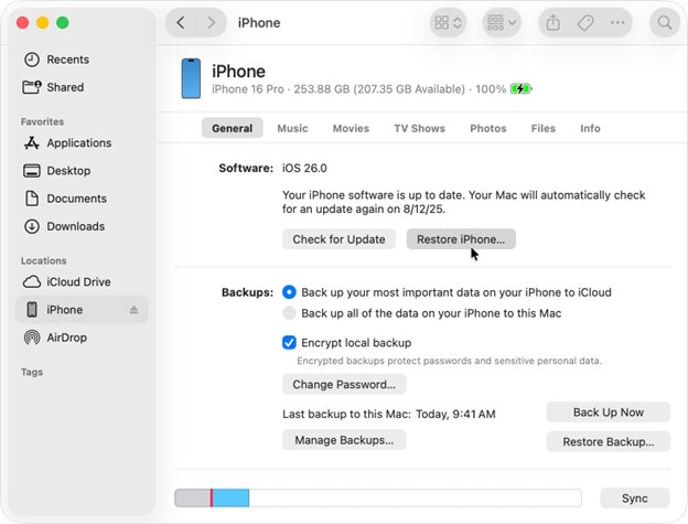 Resetting iPhone from Settings menu